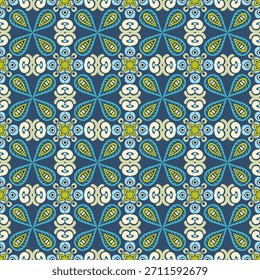Un patrón floral en tonos azules y crema alternando con el amarillo sobre un fondo azul marino