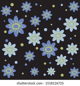 floral pattern. Blue flowers are chaotically arranged against a dark background. Print for textiles. Vector illustration.
