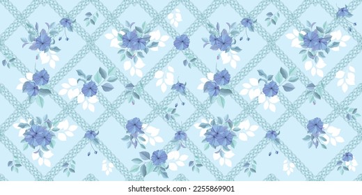 floral pattern of blue flowers with cyan chains and white leaves on cyan background, seamless pattern , seamless background  