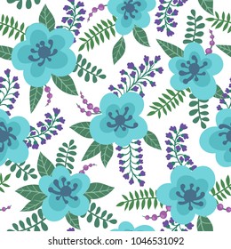 floral pattern with blue flowers, plants, branches and berries on a white background. design greeting card and invitation of wedding, Happy mother day, birthday, Valentine s day and seasonal holiday