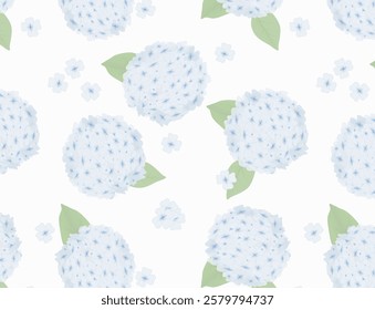 Floral pattern with blue flowers. Seamless background with delicate blue hydrangea on a light background. Beautiful print for spring and autumn. Suitable for printing on fabric, packaging, greeting