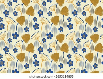 Padrão Floral Com Flores Abstratas Azuis E Douradas E Vagens De Sementes Em Um Fundo Claro.