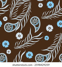 Floral pattern blue paisley and flowers seamless motif on brown for textile design floral prints design.