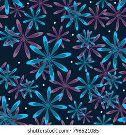 Floral pattern with blue and pink colors for fabric, background, paper, decoration. Seamless on dark background. 