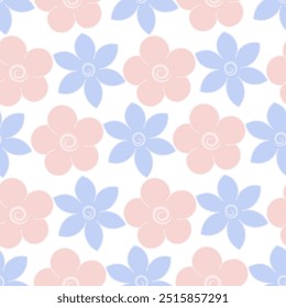 Floral pattern. Blue and pink inflorescence of blooming plant. Seamless vector pattern. Isolated background. Endless summer ornament of opened flower buds. Cartoon style. Delicate floral background. 