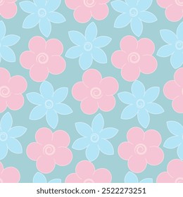 Floral pattern. Blue and pink inflorescence of blooming plant. Seamless vector pattern. Isolated green background. Endless summer ornament of opened flower buds. Cartoon style. Delicate floral.