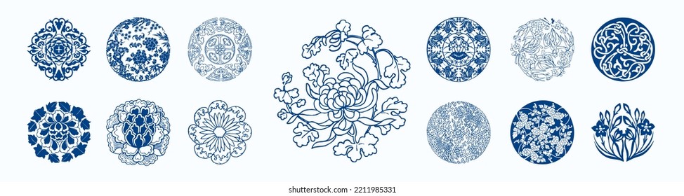 Floral pattern, blue porcelain flower pattern, Traditional vector pattern.