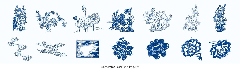 Floral pattern, blue porcelain flower pattern, Traditional vector pattern.