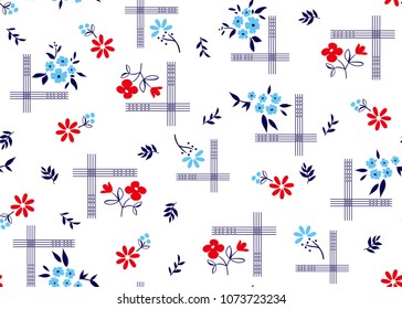 Flores azules y rojas de motivos florales para los tejidos Flores pequeñas decorativas con marcos