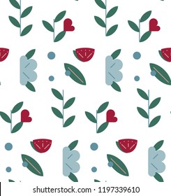 floral pattern with blue, red flowers and green leaves