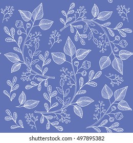 Floral pattern. Blue and white botanic background. Vector illustration.