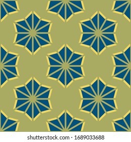 Floral pattern, blue and yellow on green background. Seamless modern backdrop.