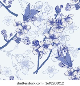 Floral pattern. Bluish outline. Toile Wallpaper. Vintage seamless vector illustration. Blue and white outlines. Bright, white background. Fabric, wallpaper swatches. Flower bouquet with texture.
