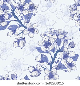 Floral pattern. Bluish outline. Toile Wallpaper. Vintage seamless vector illustration. Blue and white outlines. Bright, white background. Fabric, wallpaper swatches. Flower bouquet with texture.