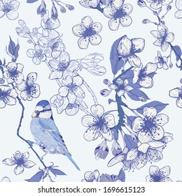Floral pattern. Bluish outline. Toile Wallpaper. Vintage seamless vector illustration. Blue and white outlines. Bright, white background. Fabric, wallpaper swatches. Flower bouquet with texture.