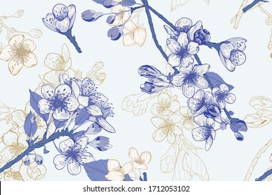 Floral pattern. Bluish Toile graphic design. Vintage seamless vector illustration. Blue and gold outlines. Bright, white background. Fabric, wallpaper swatches. Flower bouquet with texture.