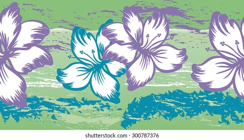 Floral Pattern. A  border made of hibiscus and irregular brush strokes. 5 spot colors: green, light green, purple, white and turquoise.
