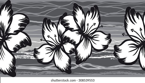 Floral pattern. A border made of hibiscus and irregular lines that intertwine, with some effect strokes. In shades of gray.