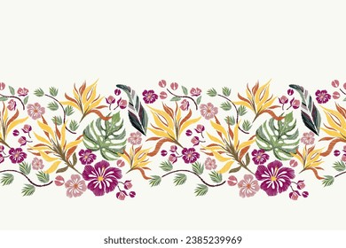 Floral Ikat patrón bordado flores tropicales diseño de la jungla africana ilustración del vector dibujado a mano