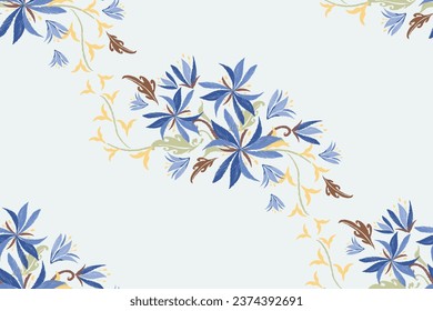Floral pattern border seamless.Pastel blue flowers Ikat design paisley embroidery with floral motifs. Ethnic pattern oriental traditional. Ikat pattern seamless vector illustration watercolour. 