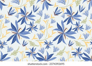 Floral patrón de borde sin fisuras.Flores azul pastel Diseño Ikat paisley bordado con motivos florales. Patrón étnico oriental tradicional. Patrón Ikat, acuarela de ilustración vectorial sin fisuras. 