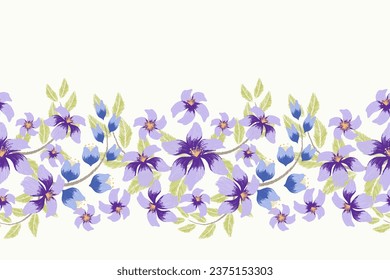 Floral patrón de borde sin fisuras.Flores azul pastel Diseño Ikat paisley bordado con motivos florales. Patrón étnico oriental tradicional. Patrón Ikat, acuarela de ilustración vectorial sin fisuras. 