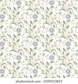 floral pattern with botanical foliage and blooming stems for seamless background and textile applications
