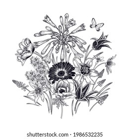 Floral pattern. Bouquet of luxurious blooming spring flowers and butterfly. Vintage card. Vector illustration art. Botanical ornament. Tulips, daffodils, anemones, primroses. Black and white.