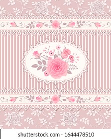 Floral pattern with bouquet of roses on the striped background. Seamless vector ornamental texture for wallpaper, fabric, gift wrap, digital paper, fills, etc.