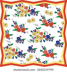 Floral pattern with bouquets of cute red, blue and yellow florets on white background in geometric red and yellow frame. Romantic vintage seamless summer background. For head cover, textile. Vector.
