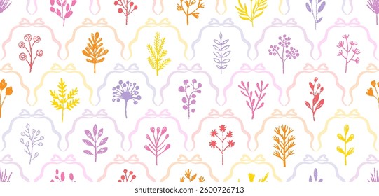Floral pattern. Bow ribbon seamless background with flower coquette. Vector preppy print. Crayon floral pattern. Blue pink vintage tile design. Repeat damask bouquet. Chalk crayon elegant wallpaper bg