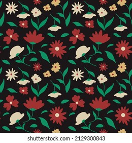 Floral pattern. Branch and flower with leaves ornamental texture. Flourish nature garden dark background