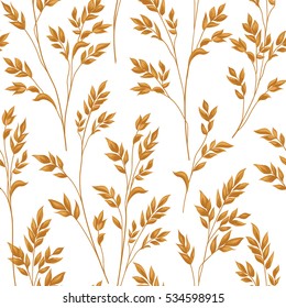 Floral pattern with branch and leaves. Fall straw ornamental seamless background. Nature ornamental pattern with ear wheat.
