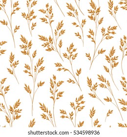 Floral pattern with branch and leaves. Fall straw ornamental seamless background. Nature ornamental pattern with ear wheat.