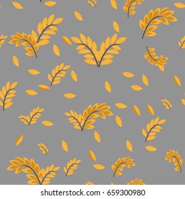 Floral pattern with branch and leaves. Fall straw ornamental seamless background. Nature ornamental pattern with ear wheat.