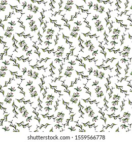 Floral pattern with branch and leaves. On white background. Branch with berries. Seamless pattern. Vector.