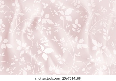 Floral pattern. Branch with leaves over soft silk texture. Llight pink silk material background. The texture of the textile pattern. Vector 3D illustration. Flourish nature garden motif  decor