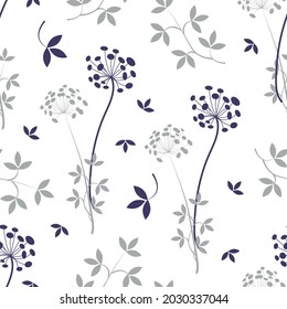 Floral floral pattern with branches and flowers on a white background. Light and calm pattern for textiles in shades of gray and blue