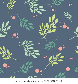 Floral pattern with branches and green leaves on a blue background.