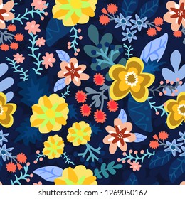 The floral pattern is bright with abstract colors on a blue background. For textile, fabric, background, packaging paper, postcards, furniture fabric, Wallpaper, postcards.
