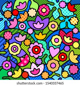 floral pattern with bright colorful flowers and tropic leaves in modern pop art style for your design. lemon, white, blue, pink stylized flowers. Fabric fashion wallpaper print texture. 