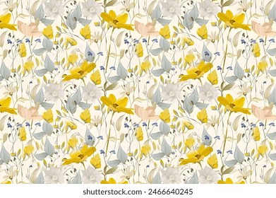 floral pattern with bright colorful flowers and tropic leaves on a white background. The elegant the template for fashion prints. Modern floral background. Trendy Folk style.