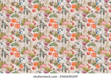 floral pattern with bright colorful flowers and tropic leaves on a white background. The elegant the template for fashion prints. Modern floral background. Trendy Folk style.