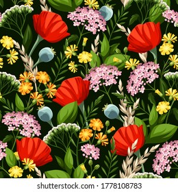 Floral pattern with bright colorful wild flowers on a dark green background.