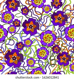 Floral pattern in bright colors, yellow, red, purple, green, white. Drawing of painted flowers with black line drawing. Vector Illustration. Romantic design for decoration, fabric, textiles, wallpaper