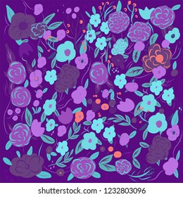   floral pattern with bright colourful flowers and leaves on black background in naive folk style. Summer template for fashion prints in vector.