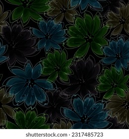 Floral pattern with bright multi-colored flowers and leaves of different shapes and sizes on a black background. Seamless pattern design with leaves in fall color smeared with elegant style