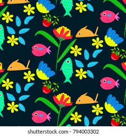 floral pattern of bright orange fish on a dark background