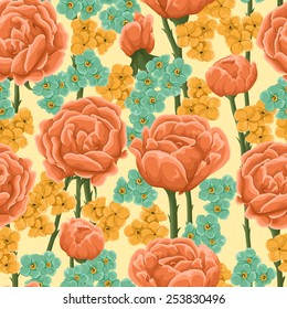 Floral pattern with bright orange roses and small yellow and blue flowers.