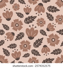 Floral pattern in brown and beige colors. Beautiful seamless pattern with cute flowers and leaves on a beige background. Trendy pastel coffee colors of the year 2025. Hand drawn style